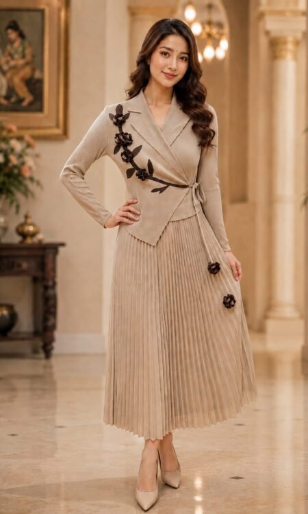 Taupe Beige 3D Floral Wrap Blazer & Pleated Midi Dress