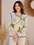 Ivory Crochet MePremium sh Top with 3D Periwinkle Blue Floral & Leaf Vines