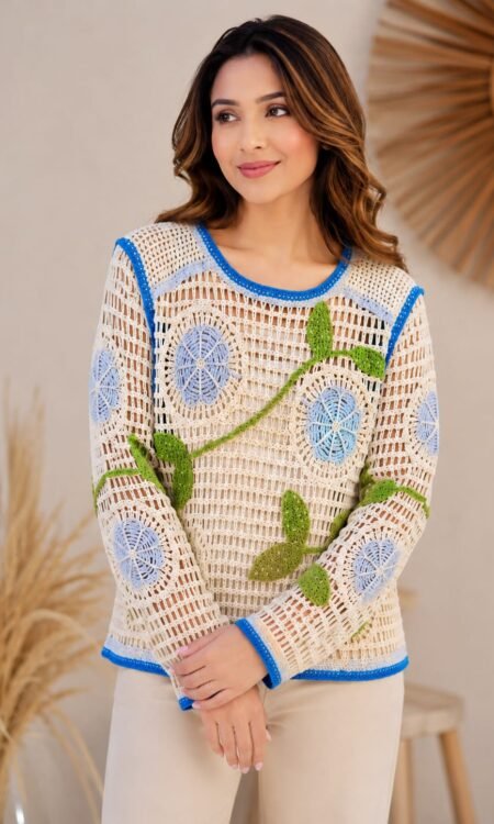 Ivory Crochet MePremium sh Top with 3D Periwinkle Blue Floral & Leaf Vines