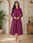 Magenta & Gold Geometric Trench-Coat & Midi Dress Set