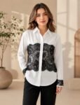 Crisp White Cotton Poplin Shirt with Black Lace Corset Panel