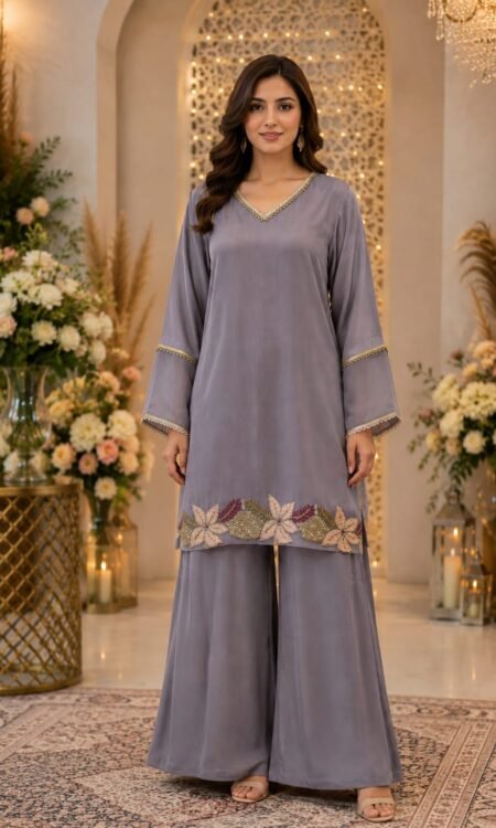 Lavender-Grey Silk-Georgette Festive Sharara Set