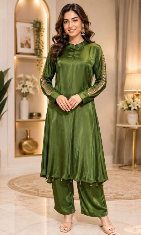 Olive Green Silk-Satin Festive 2-Piece Co-Ord Set