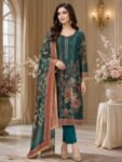 Deep Teal Silk Floral 3-Piece Festive Kurta Suit Set