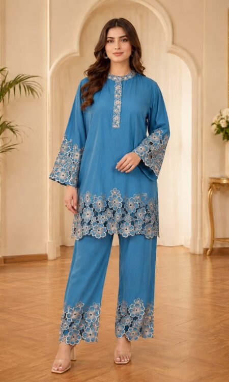 mid-length blue co-ord tunic and trouser set
