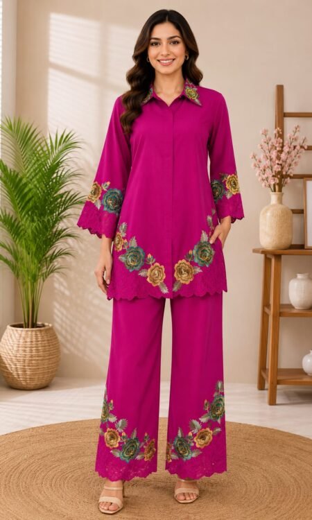 magenta floral embroidered cord set,