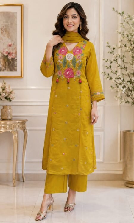 mustard yellow three-piece traditional suit