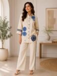 Beige Blue Floral Cord Set