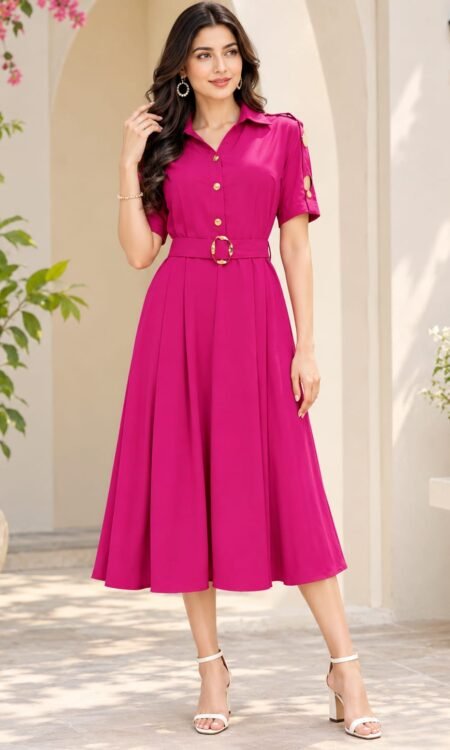 Magenta Belted Shirt Dress