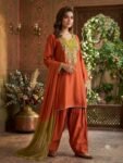 Burnt Orange with contrasting Olive Green Parsi salwar suti