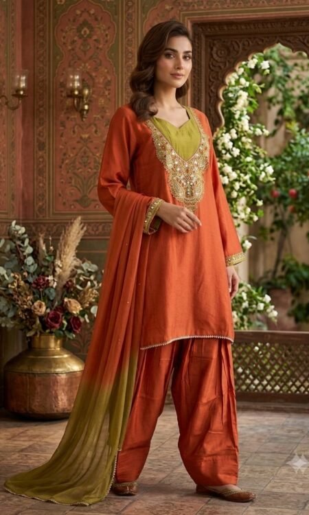 Burnt Orange with contrasting Olive Green Parsi salwar suti