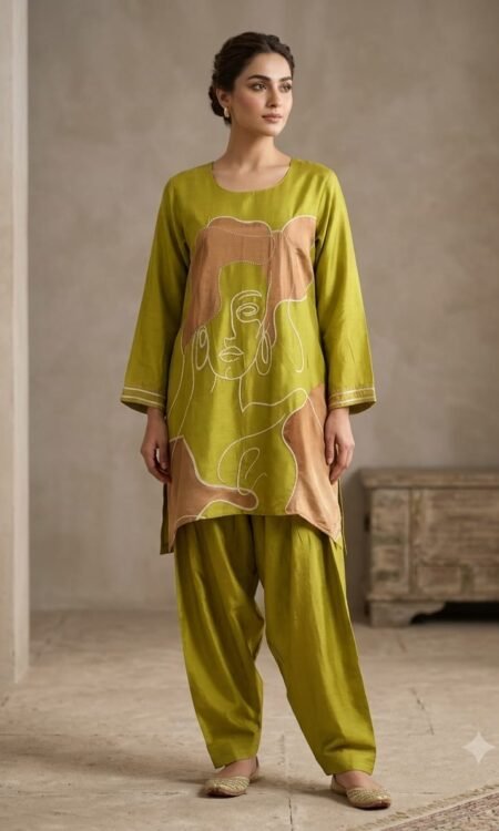 Abstract Face Line Art Olive Green Co-Ord Set