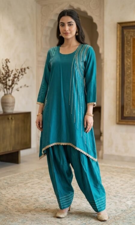 Teal Blue Asymmetric Kurta with /Salwar Set