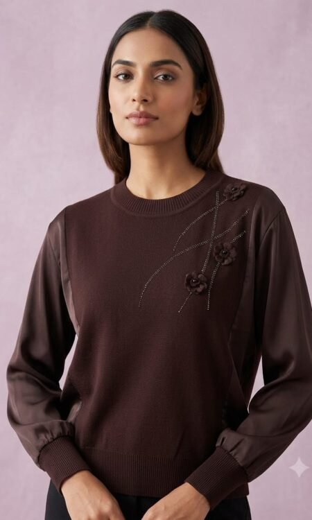 Embellished Chocolate Brown Knit Top