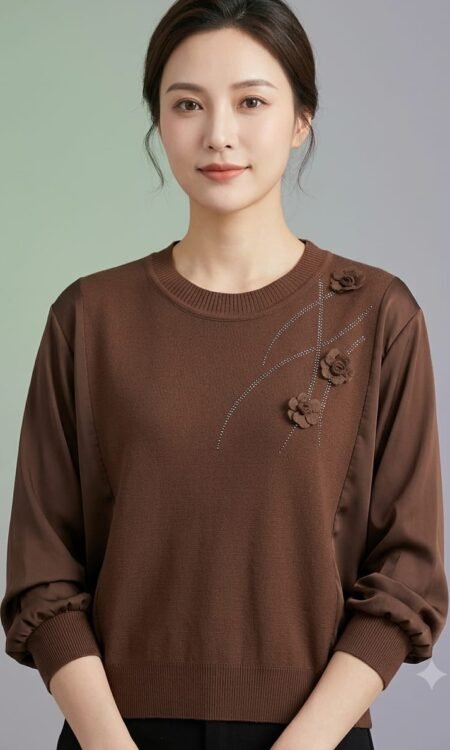 Floral Embellished Knit-Silk Mixed Media Top