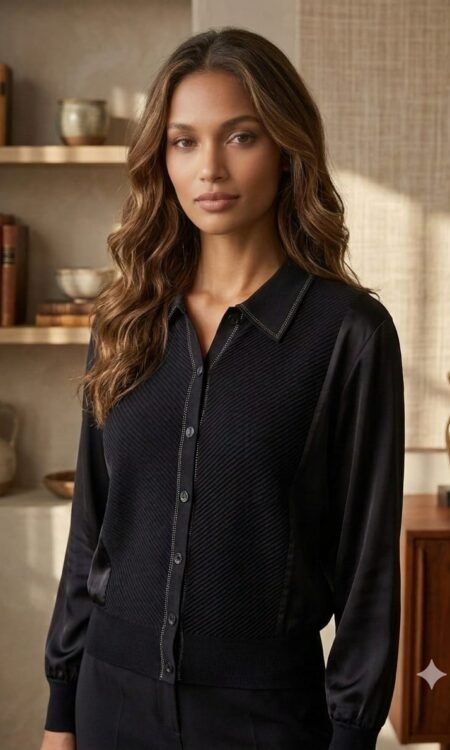 Black Textured Mixed-Media Button-Down Shirt