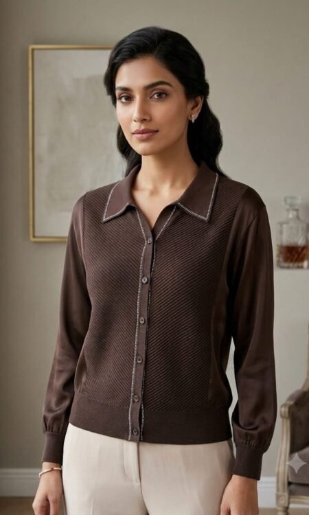 Embellished Diagonal-Rib Collared Cardigan