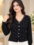 Pearl-Embellished V-Neck Knit Cardigan Top