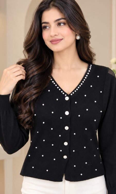 Pearl-Embellished V-Neck Knit Cardigan Top