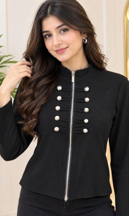 Military-Style Front-Zip High-Neck Top