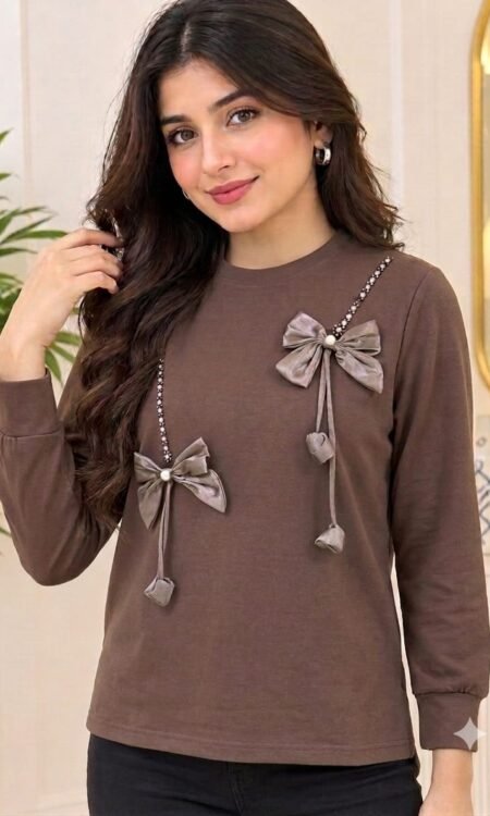 Pearl & Bow Embellished Mocha Sweatshirt Top
