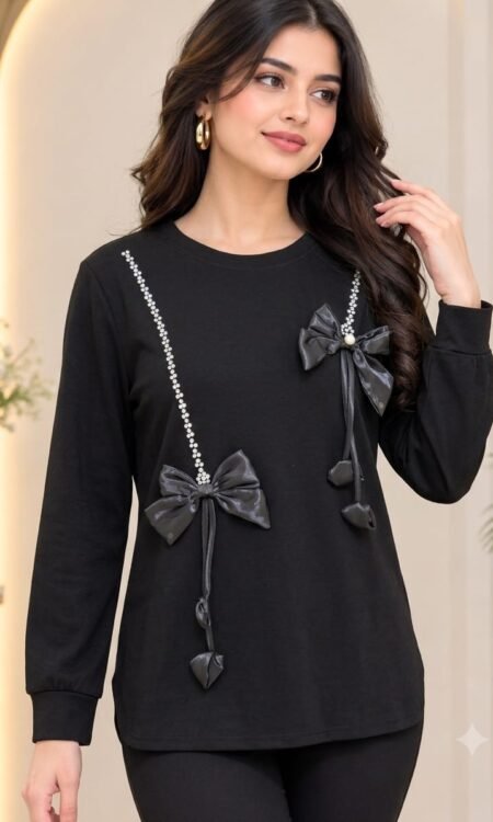 Black Embellished Bow Top