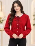 Lace-Trimmed Heart-Appliqué Knit Cardigan