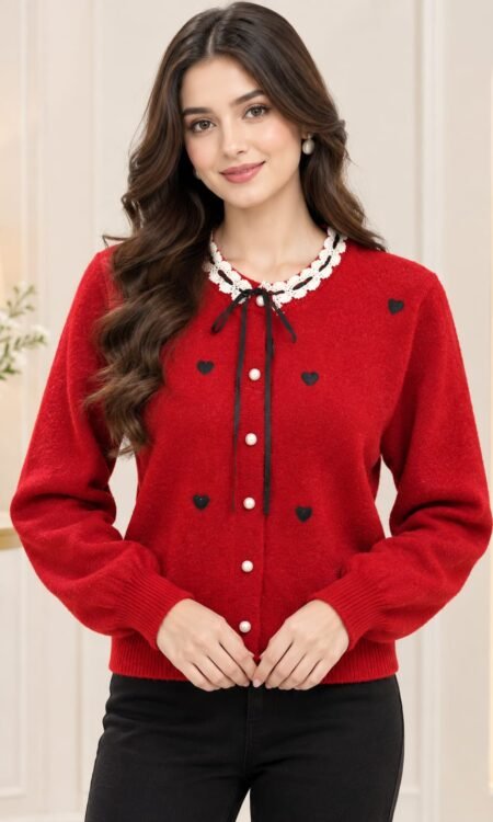 Lace-Trimmed Heart-Appliqué Knit Cardigan