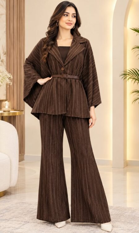 3-Piece Brown Striped Co-ord Set with Blazer, Inner Top, and Trousers