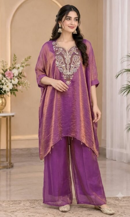 purple tissue silk kaftan with palazzo pants set